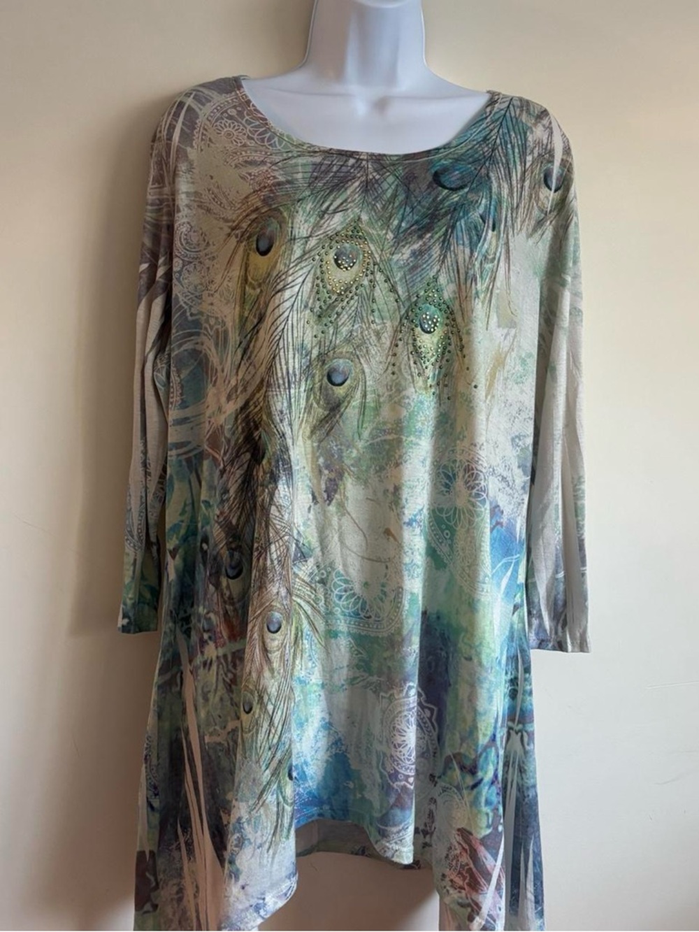 Women's Peacock Feather Print Tunic Top in Teal and Cream